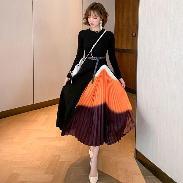 

2021 new autumn winter women fashion gradient color pleated sweater es elegant long sleeve ol midi knitted runway vestidos x2jp, Black;gray