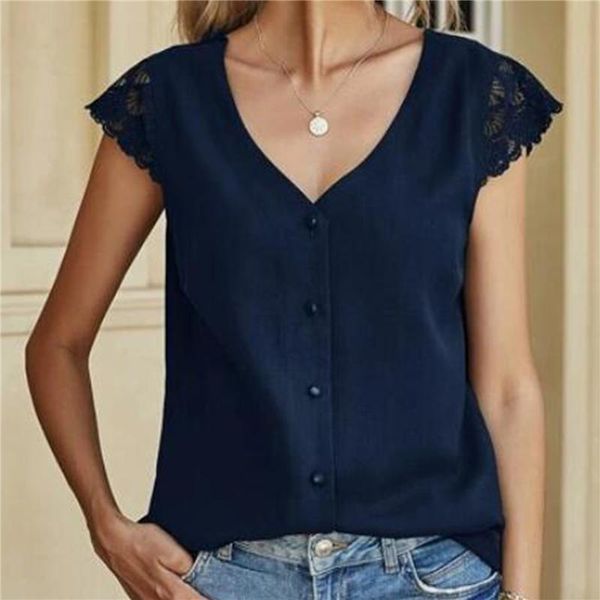 

women's blouses & shirts fashion loose blouse lace short sleeve casual vintage v-neck solid color clothes for women femininas, White