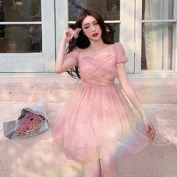 

dress women fairy puff sleeve pink lace chiffon sweet dress kawaii french style elegant summer mini dress 2020 new arrival c0304, Black;gray