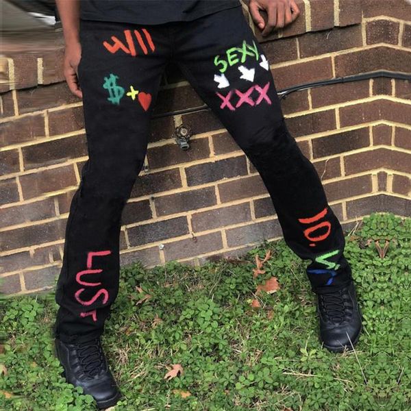 

men's jeans men black fashion high waist retro print straight trousers streetwear casual denim pants, Blue