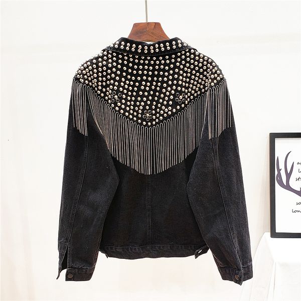 

fashion streetwear women rivet beading tassel chain short jeans outerwear female loose black blue denim jacket coat 5vle, Black;brown