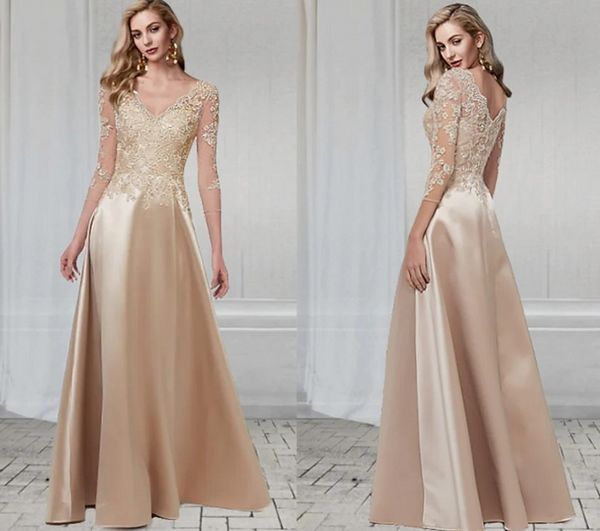 

champagne evening dress 2022 v neck 3/4 sleeve floor length satin appliques prom gowns formal party wear robe de soiree vestidos de fiesta, Black;red