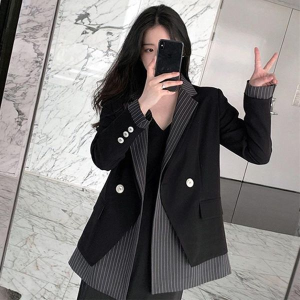 

women's suits & blazers 2021 autumn long sleeve women blaer black loose trend coat feminino trendy clothing fake two-piece stripe desig, White;black