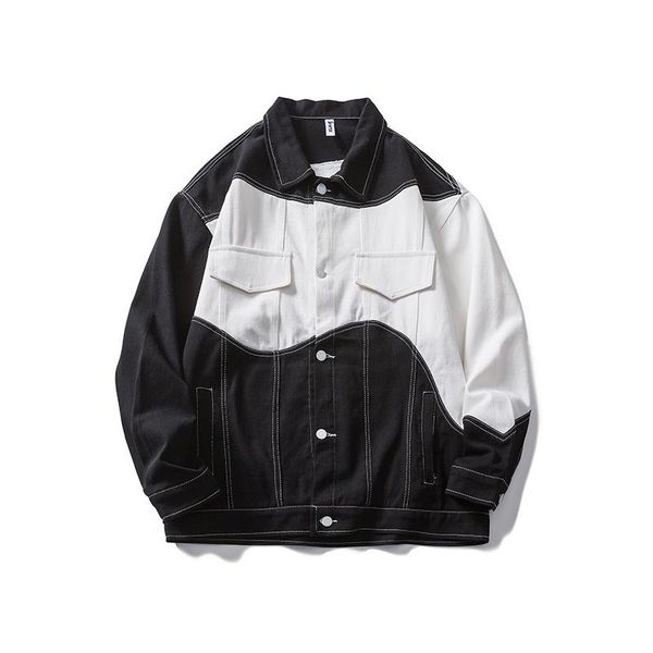 

men's jackets harajuku color block lapel hip hop mens jeans oversize retro washed windbreaker casual denim coat loose couple clothes, Black;brown
