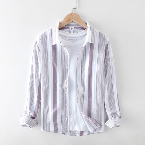 

2021 new men's shirts long sleeve pure cotton striped casual turn-down collar clothing 0f5s, White