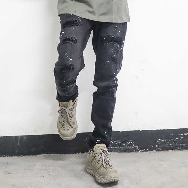 

2021 new ink painted hole jeans for men high street oversize straight pencil pants harajuku washed retro loose denin torusers dny2, Blue