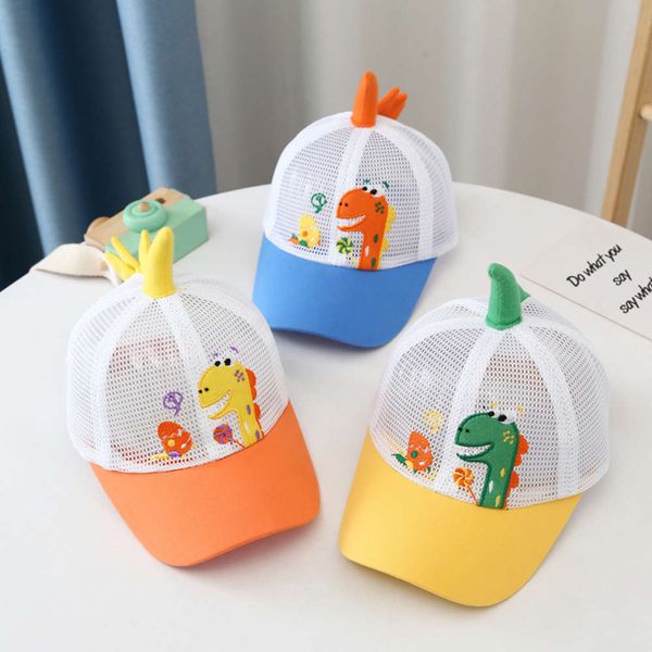 

children's cartoon dinosaur cap summer boys and girls breathable thin cool sun hat children travel, Yellow