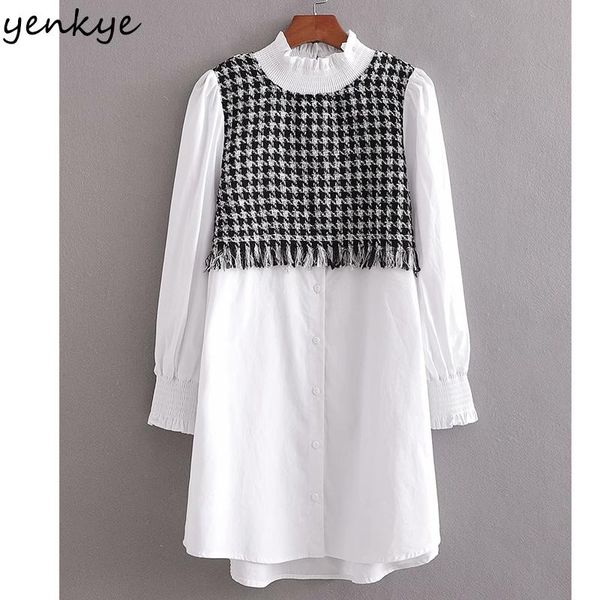 

yenkye fashion women vintage tweed patchwork dress long sleeve stand collar flowy casual dress new spring white vestido, Black;gray