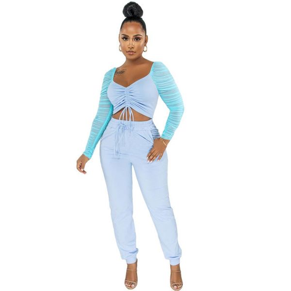 

women's two piece pants tracksuit women set mesh draped splice drawstring crop outfits autumn casual pencil sweat pant suits 2021, White