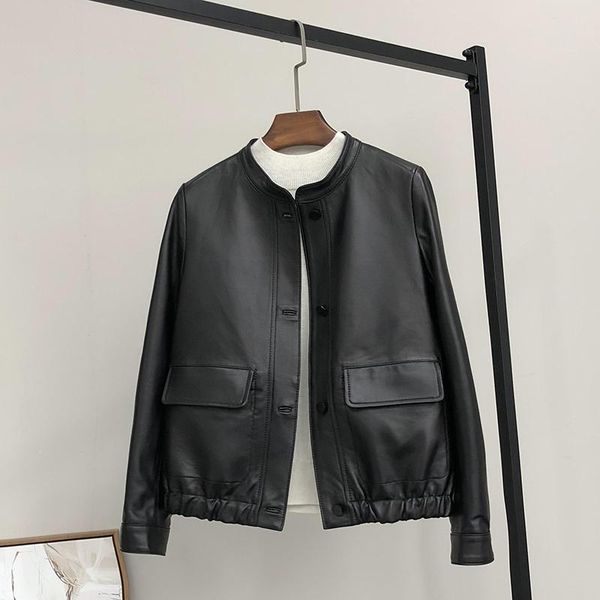 

women's leather & faux short sheepskin jacket 2021 spring and autumn black stand collar