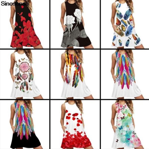 

casual dresses summer sleeveless tank dress women print vintage a line loose basic pokcets tunic boho beach mini, Black;gray