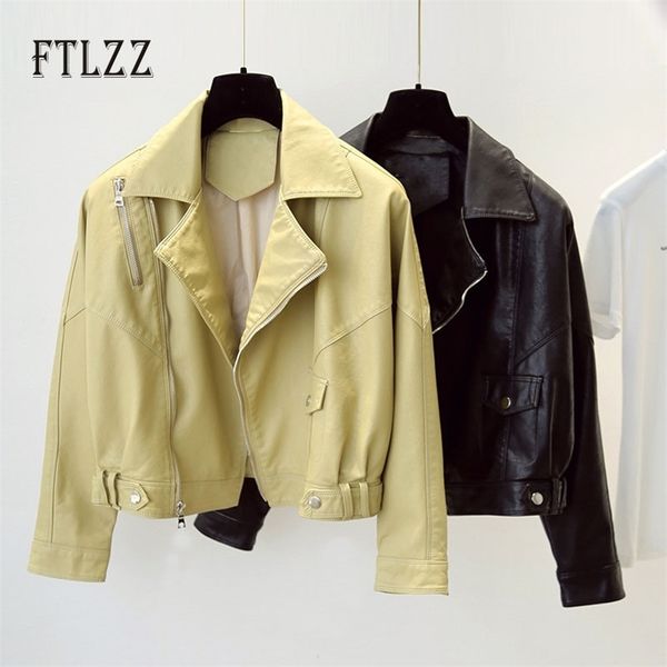 

women loose leather jacket spring autumn batwing sleeve biker moto faux coat female yellow short pvc outwear 210525, Black