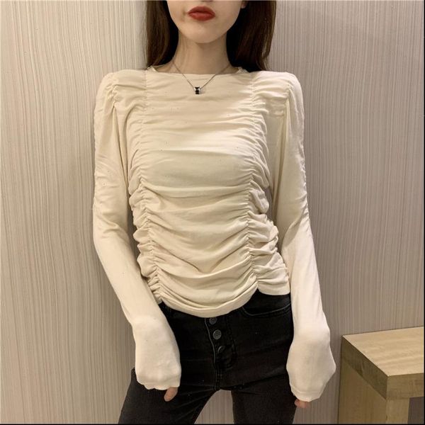 

round collar solid full sleeve cropped sweaters pullovers girls chic wrinkled slim sweater crop for woman, White;black