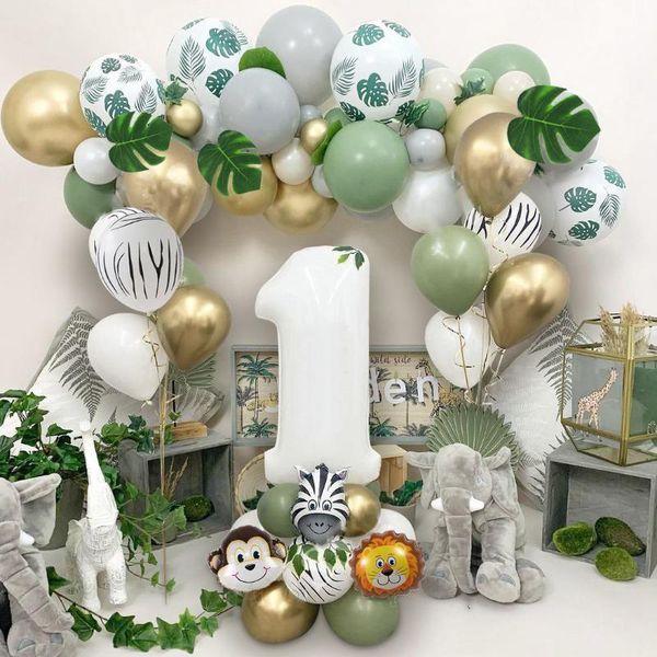 

party decoration jungle balloon arch green with artificial tropical palm leaves for birthday animal theme