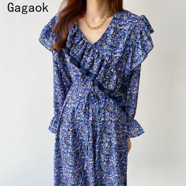 

women vintage empire dress spring v-neck flare sleeve ruffles floral print slim chic wild fashion ladies dresses 210531, Black;gray