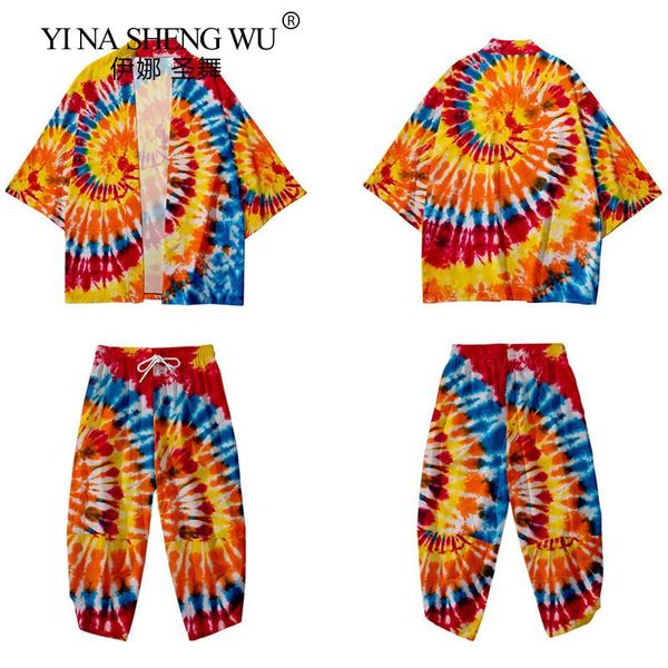 

ethnic clothing japanese kimono suit costume men coat pants set harajuku print japan haori cardigan chinese traditional loose shirts yu, Red