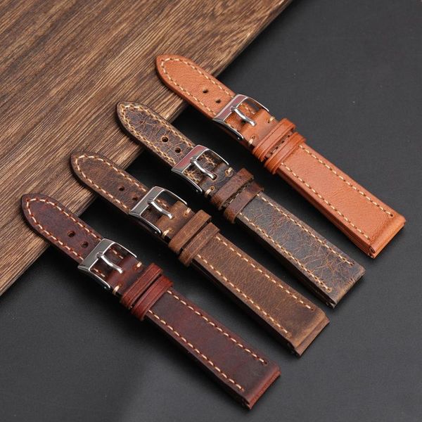 

watch bands handmade soft leather strap 18 19 20 21 22mm retro antique watchband distressed brown male crazy horse, Black;brown
