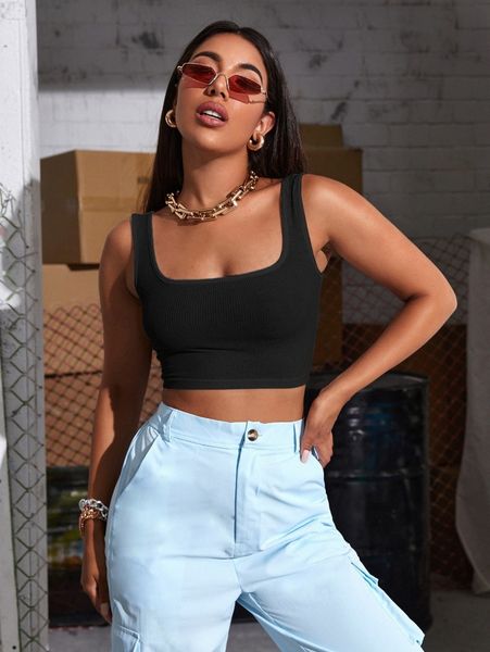 

square neck rib-knit crop tank h10d#, White