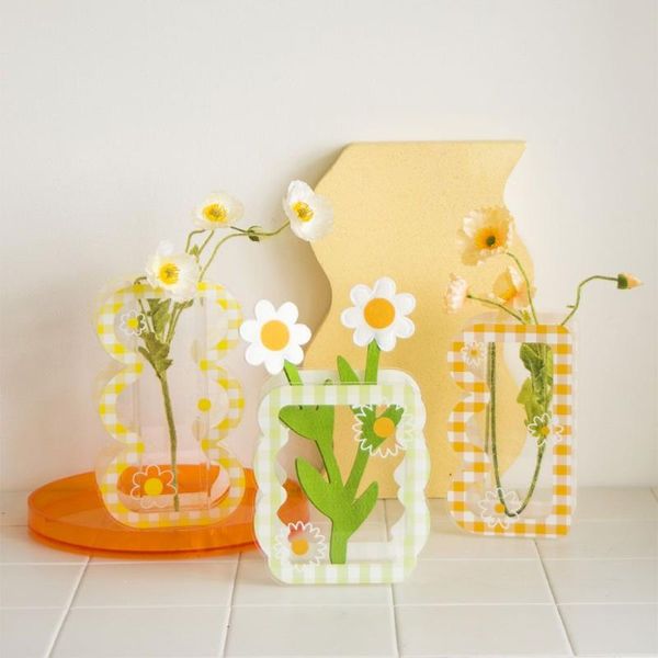 

vases cute transparent plaid vase acrylic dried fresh flowers container flower arrangement hydroponic home deskdecoration