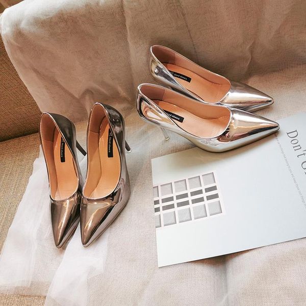 

dress shoes 2021 fashion women's high heel patent leather pu heels shallow mouth ladies work zapatillas mujer w37-39, Black