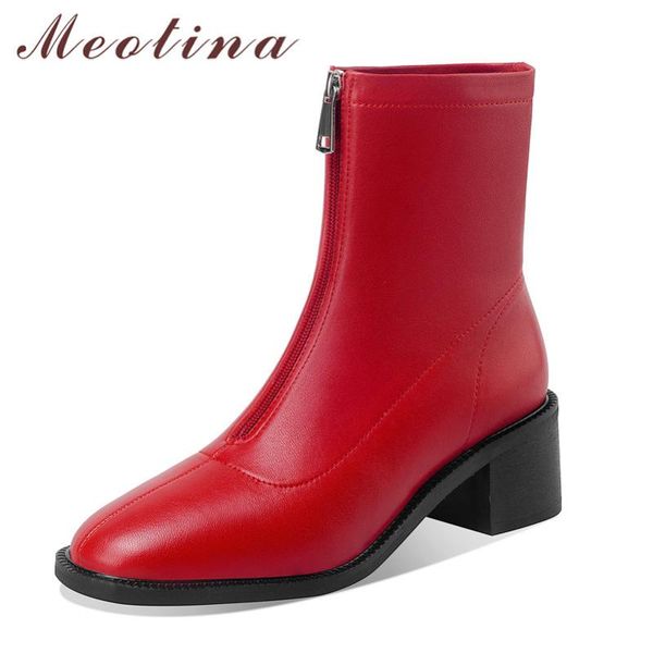 

boots meotina ankle women shoes genuine leather block heels short round toe zip high heel lady autumn winter red 41, Black
