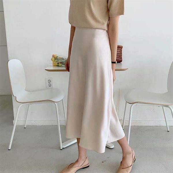 

vintage korean silky satin office lady skirts elegant high waist mid-calf long soft smooth summer autumn skirts m30541 210724, Black