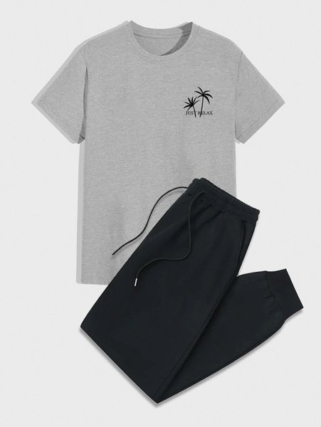 

romwe guys tree letter graphic tee & drawstring sweatpants v6ra#, Gray