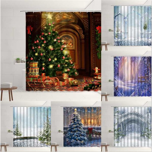 

shower curtains christmas fireplace curtain set xmas tree party decoration background cloth winter snowland home bathroom bathtub screens