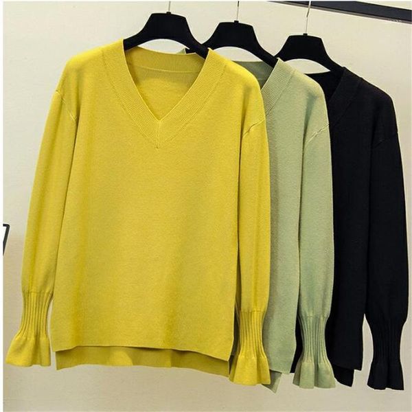 

plus size sweater women's fall/winter 2021 fashion style knitted loose trumpet sleeve v-neck trendy 316 sweaters, White;black