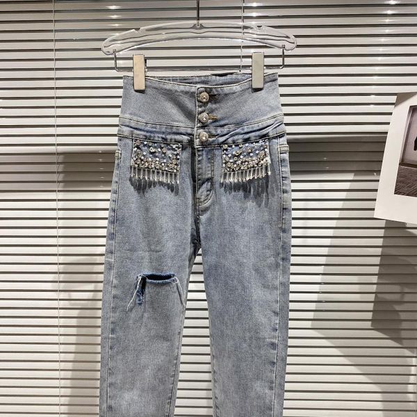 

2021 Spring New Arrival Solid Color High Waist Borla Strass Decoration Female Temperament Pencil Pants 84ln, Blue