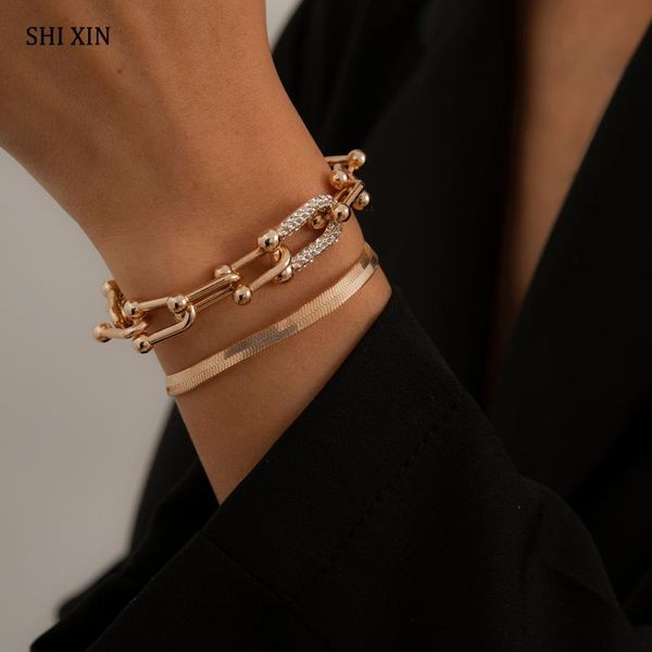 

charm bracelets shixin 2 pcs layered snake chain with crystal for women shiny hand bracelet fashion, Golden;silver
