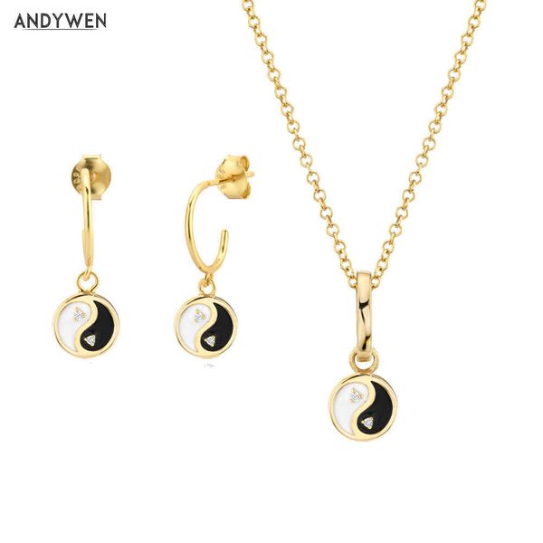

andywen 925 sterling silver white black enamel pendant drop earring necklace jewelry set women fashion crystal wedding gift 210608