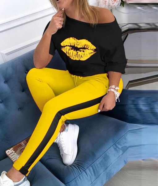 

two piece sets women print tracksuit 2021 autumn off shoulder 2pcs set blouse+elastic waist pants lounge wear outfits plus size, Gray