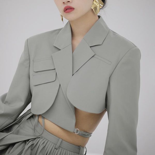 

women's suits & blazers 2021 fashion irregular elegant blazer women notched long sleeve lace up bowknot female aesthetic chic coat kore, White;black