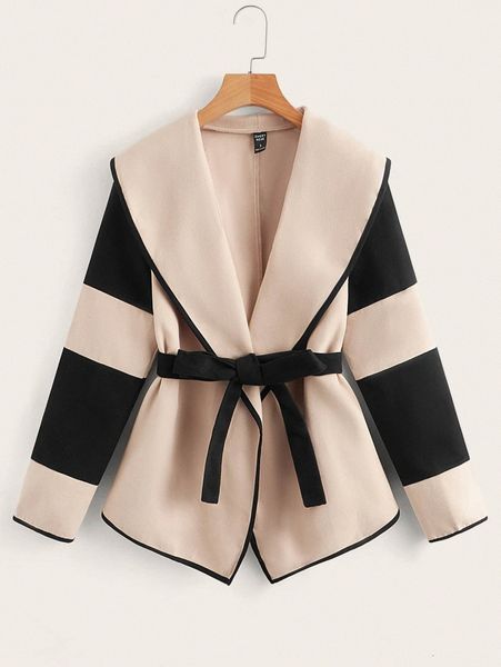 

colorblock waterfall collar belted overcoat j3e6#, Black