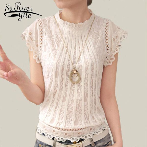 

women's blouses & shirts short sleeve stand collar women ladies white lace blouse elegant patchwork crochet shirt plus size blusas muj