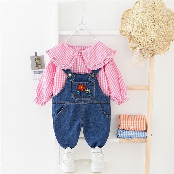 

clothing sets hylkidhuose baby girls toddler infant clothes lapel lace plaid shirt flowers pants children kids outfit, White