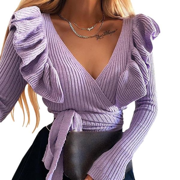 

women's sweaters elegant lady knitted sweater for women fashion ruffles lace up v neck long sleeve slim fit outwear casual knitwea, White;black