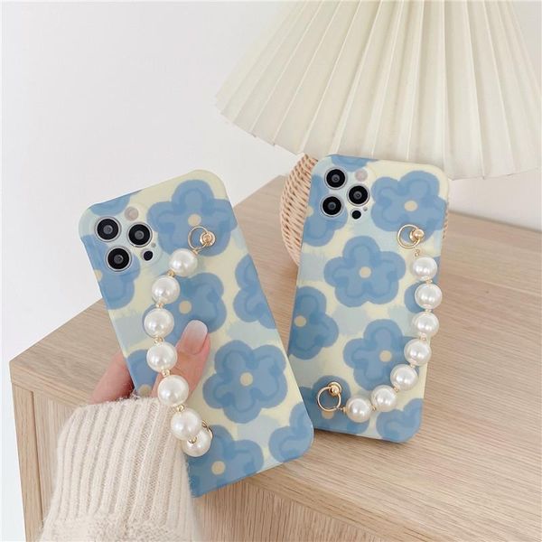 

cell phone pouches blue flower pearl beading chain case for 12 11 pro max xr xs 7 8 plus se2 tpu proof back cover