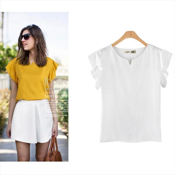 

cotton linen summer womens shirts short sleeve casual white khaki yellow female clothing plus size