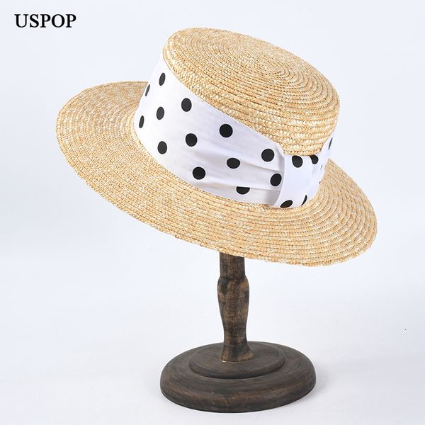 

2021 new summer women natural wheat straw polka dots ribbon beach female flat sun hats qfoz, Blue;gray