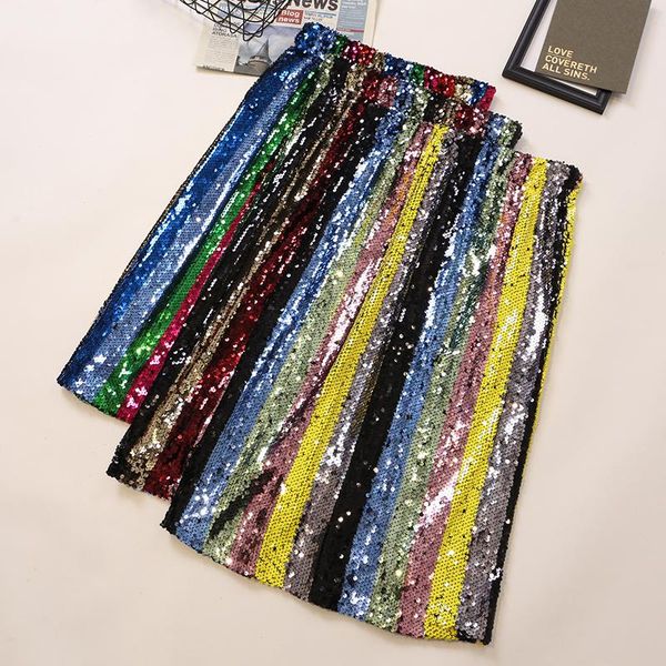 

skirts autumn chic korean heavy sequins shiny color striped elastic waist bag hip mid-length women fashion streetwear 2021, Black