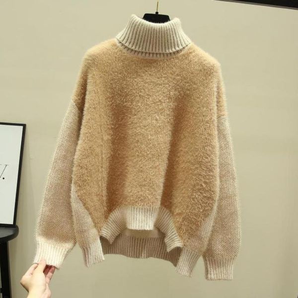 

women's sweaters winter sweater women high neck outwear thickened color matching long sleeve irregular hem warm female pullover, White;black