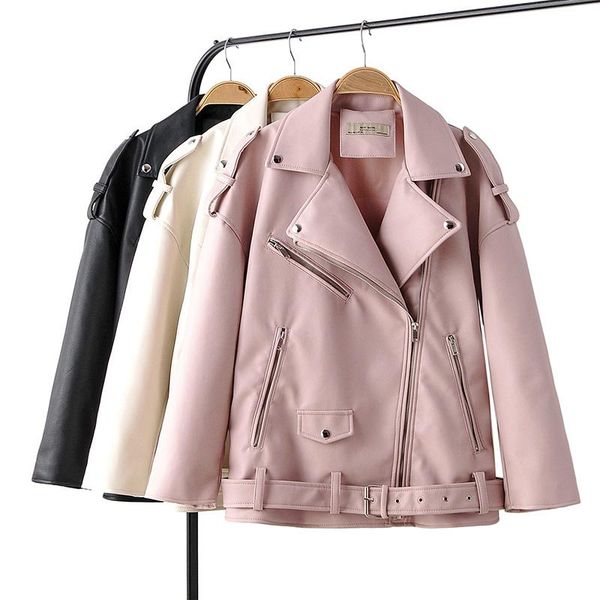 

women's leather & faux female soft outwear autumn women jackets pu turndown collar rivet epaulet zipper biker overcoat, Black