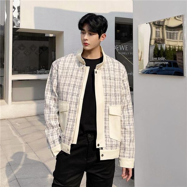 

men's jackets spring autumn korea style streetwear retro fashion jacket men vintage stand collar short plaid coat, Black;brown