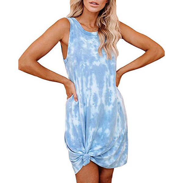 

women tie-dye print loose dress elegant casual o neck sleeveless mini summer plus size ladies beach es vestidos 210526, Black;gray