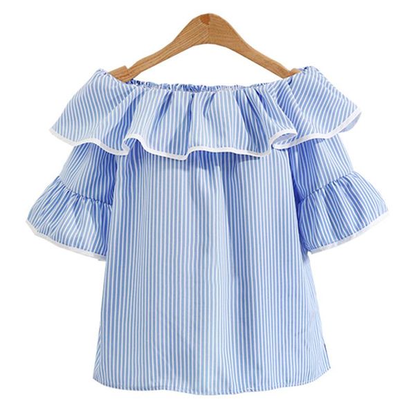 

women's blouses & shirts 2021 fashion summer off the shoulder plus size blouse pagoda sleeve neck striped femininas blue l - 4xl, White