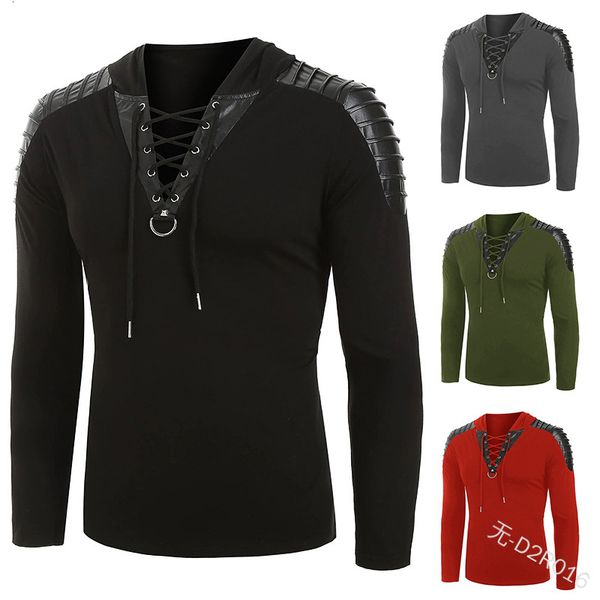 

new punk solid color pierced neckline tie fashion long sleeve men's t sweater, Gray;blue