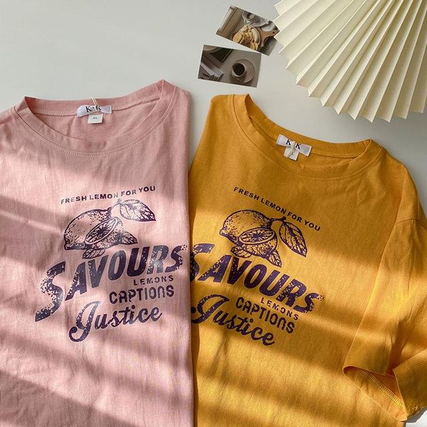 

women's t-shirt summer fashion letters print women stright o-neck short sleeve pink yellow cotton female loose plus size pullover, White