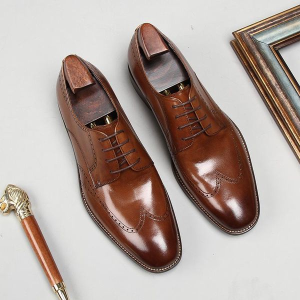 

dress shoes luxury brogue men oxford shoe genuine leather brown black pointed toe lace up wedding business formal